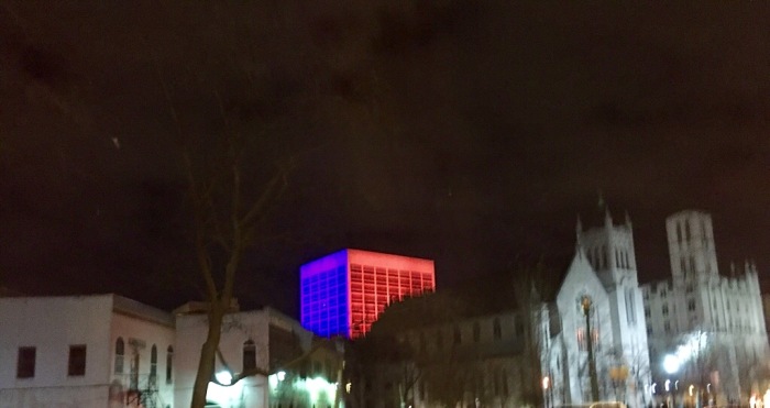 Blue and red in downtown Syracuse.